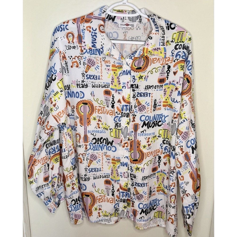 Nylon Apparel Colorful Country Music Novelty Print Button Up Shirt Medium